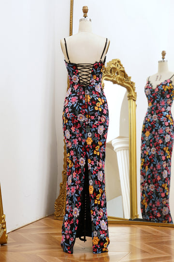 Black Floral Mermaid Spaghetti Straps Embroidered Prom Dress with Slit